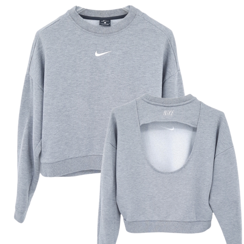 Nike Dri-Fit Backless Cutout Pullover Sweatshirt Embroidered Logo Heathered Gray